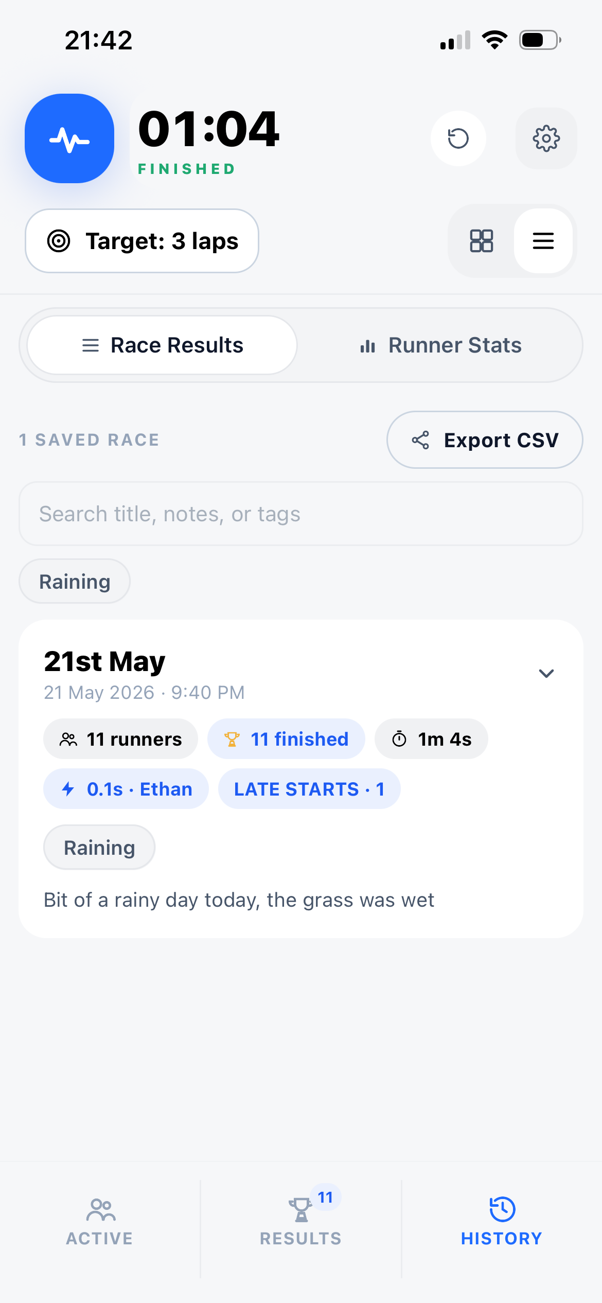 Laply race history screenshot
